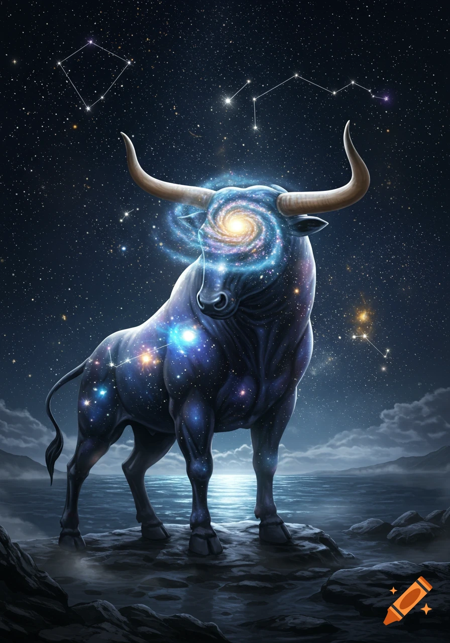 A cosmic bull, dark with glowing stars on its body and a swirling galaxy in its head, stands on a rocky shore under a starry night sky with visible constellations.