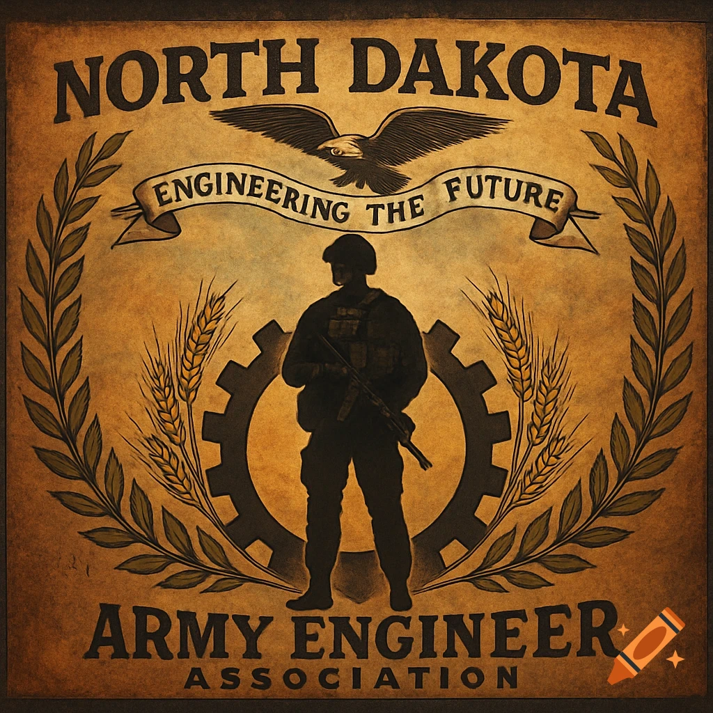 A vintage-style emblem for the North Dakota Army Engineer Association, featuring a soldier silhouette, an eagle, wheat, and text.