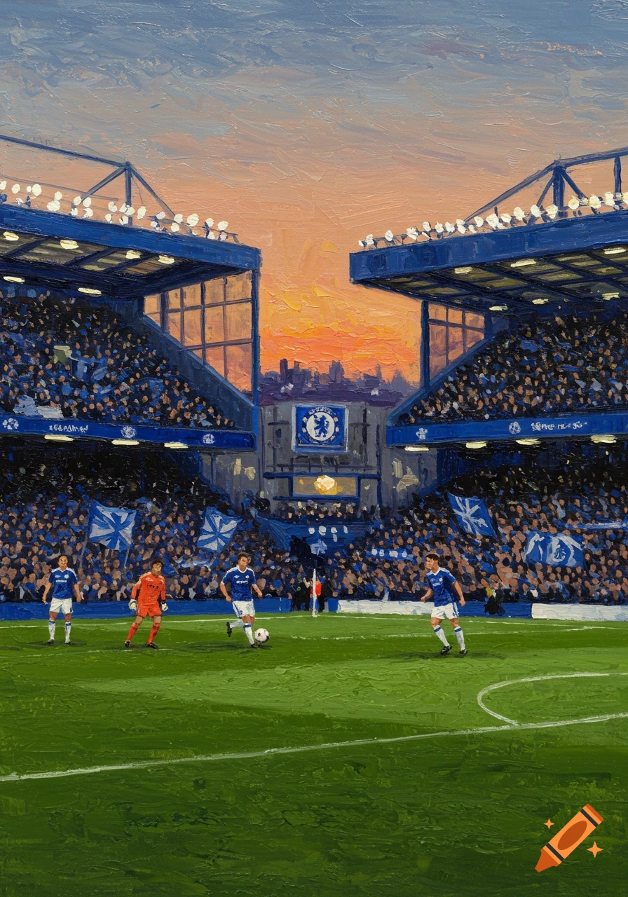 An oil painting depicts a football match at Chelsea's stadium, with players on the green field and packed blue stands under a sunset sky.
