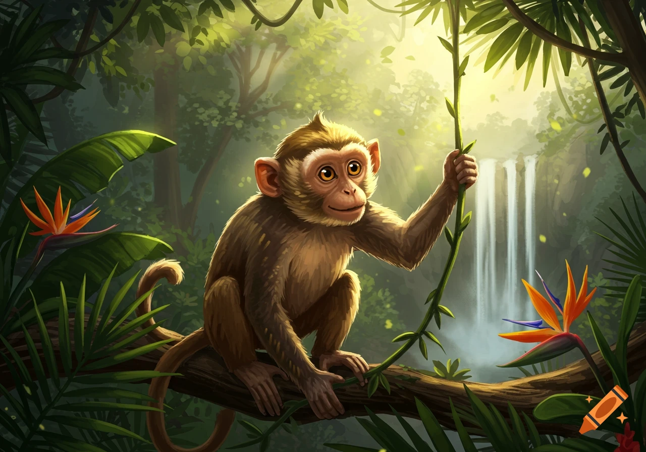 A happy cartoon monkey sits on a branch, holding a vine in a lush jungle with a waterfall and exotic flowers.
