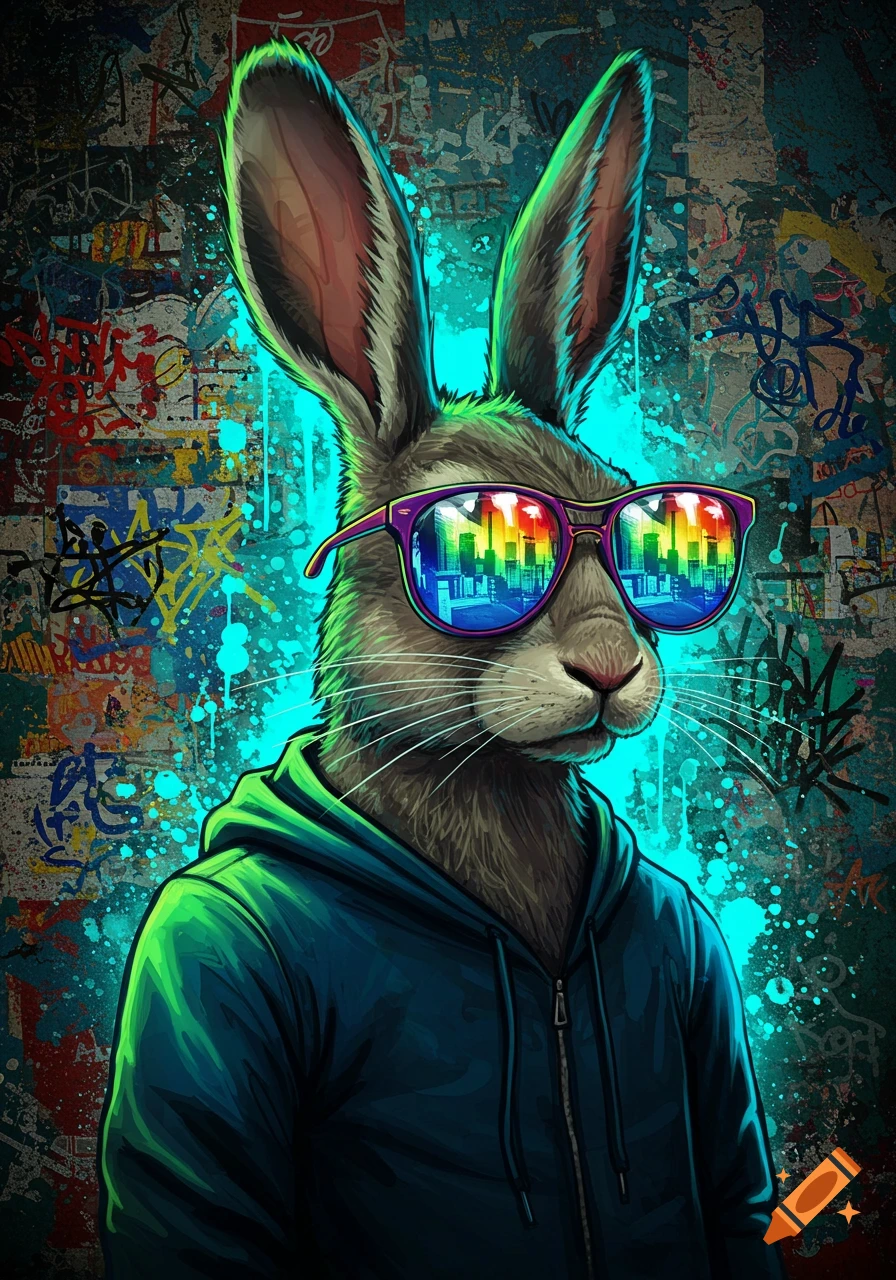 A stylized rabbit in a green and blue hoodie and purple rainbow sunglasses against a vibrant neon graffiti wall.
