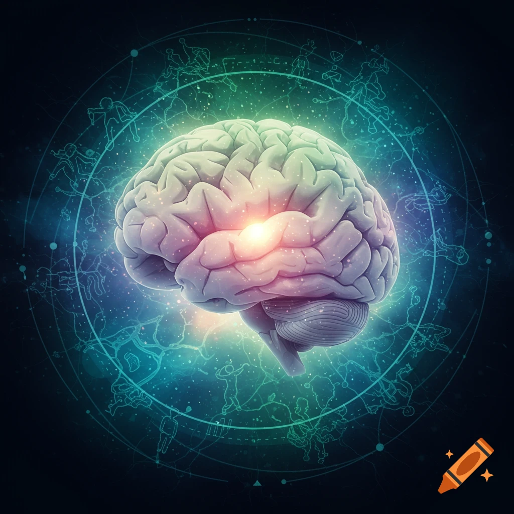 A human brain glows with light, surrounded by a luminous teal circular pattern with abstract figures against a dark, starry background.