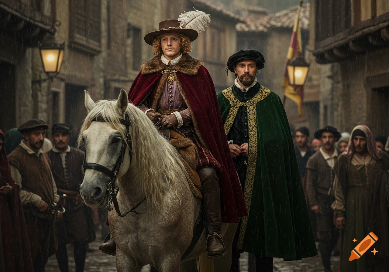 A man with curly blonde hair and beard, wearing a red cloak and feathered hat, rides a white horse in the pouring rain. Another man in a green cloak stands beside him, in a bustling historical village scene.