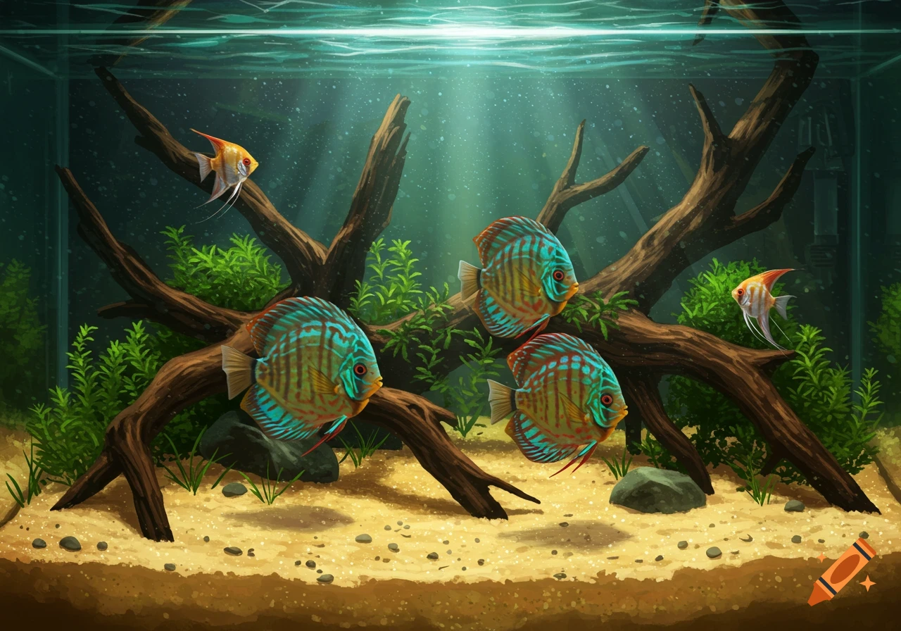 A vibrant aquarium with discus fish and angelfish swimming among driftwood and green aquatic plants on a sandy bottom.