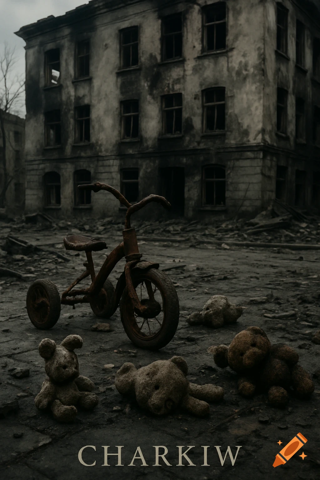 A rusted tricycle and several tattered teddy bears lie on rubble in front of a heavily damaged, ruined building, depicting a desolate urban scene.
