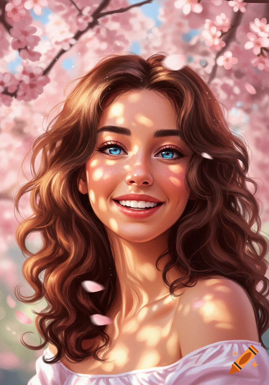 A young woman with brown wavy hair and blue eyes smiles brightly amidst pink cherry blossoms, with dappled sunlight on her face, in an illustration style.