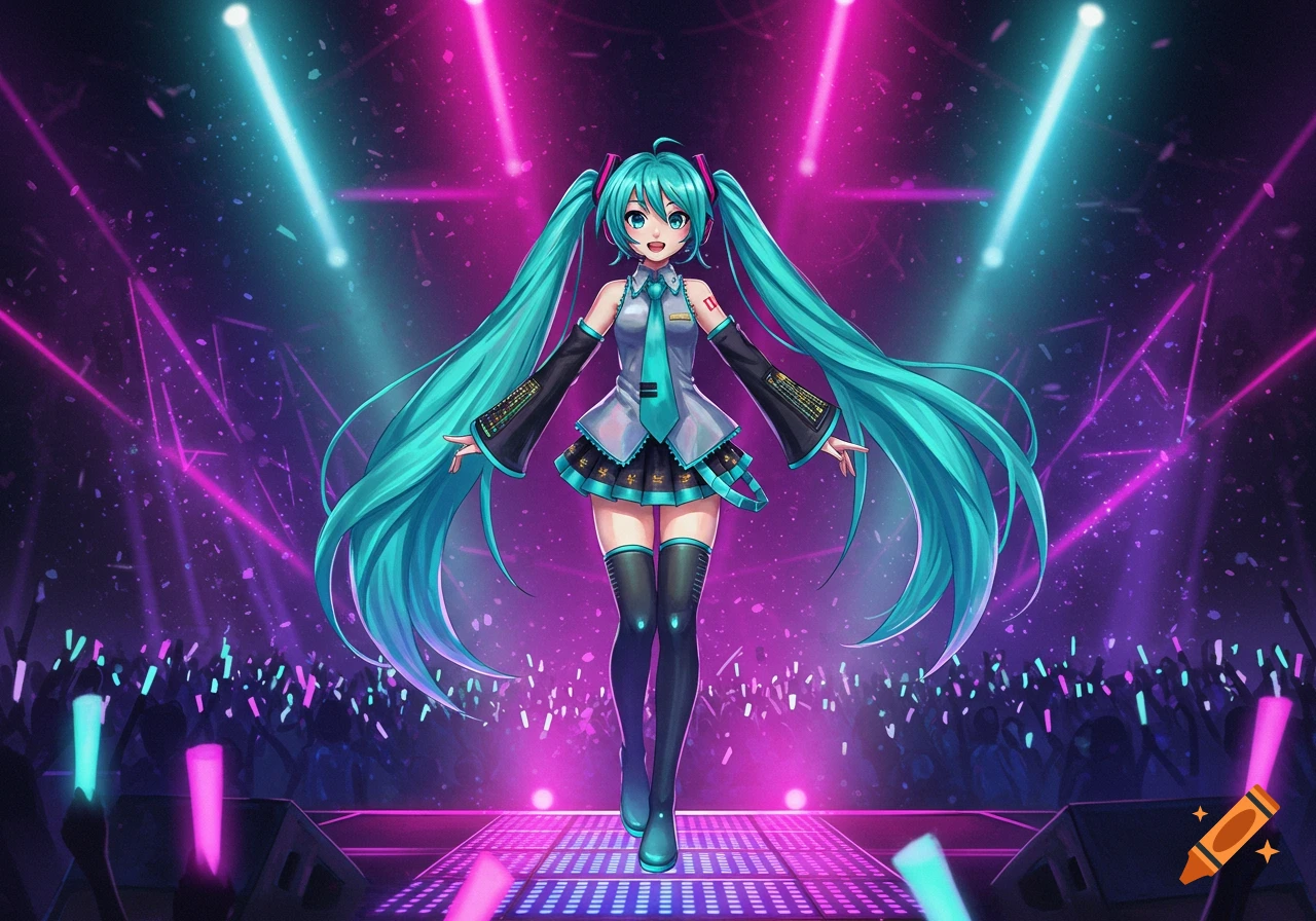 A vibrant anime illustration of Hatsune Miku on a concert stage, bathed in pink and blue spotlights, with a cheering crowd.