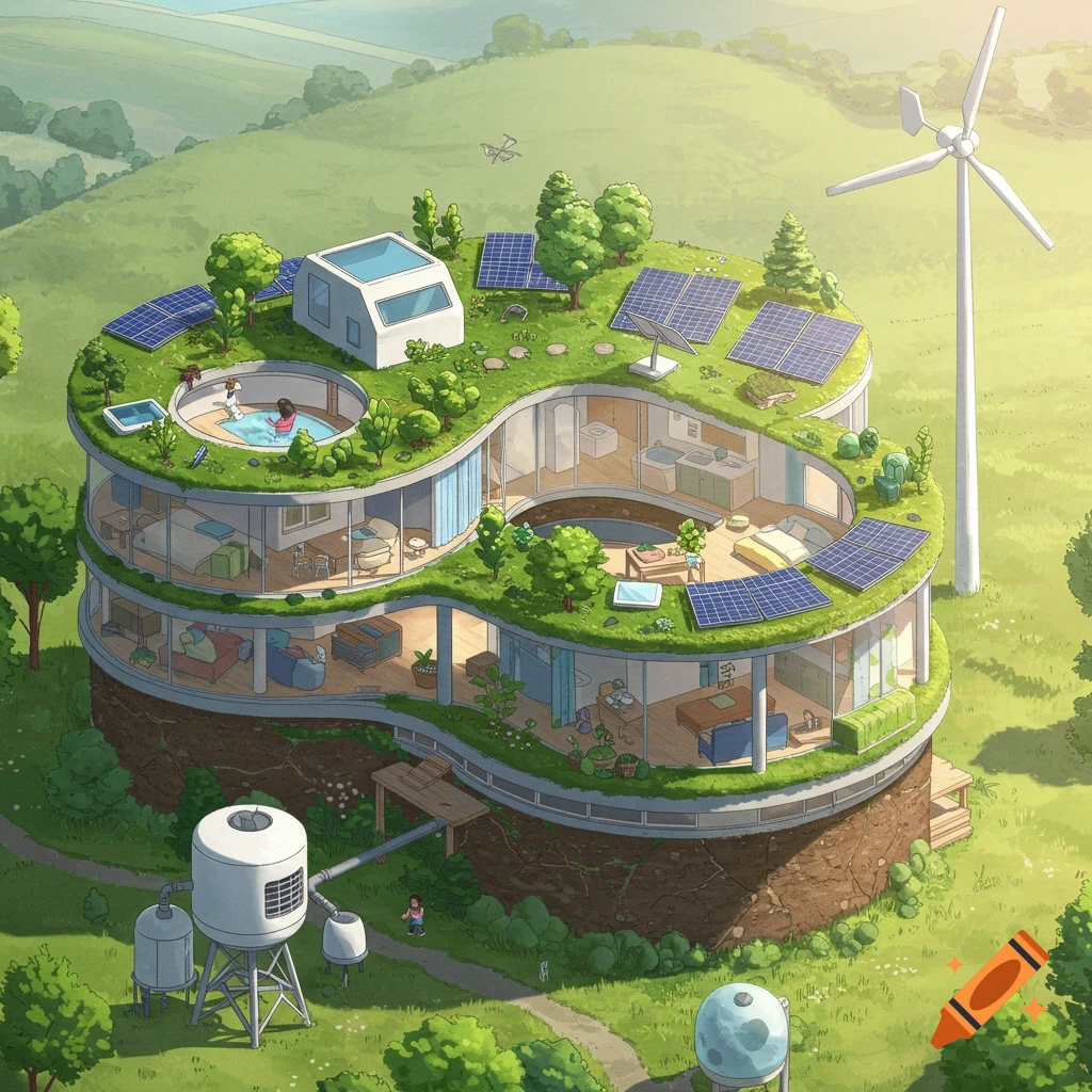 Isometric illustration of a multi-level eco-friendly house with a green roof, solar panels, wind turbine, and water collection.