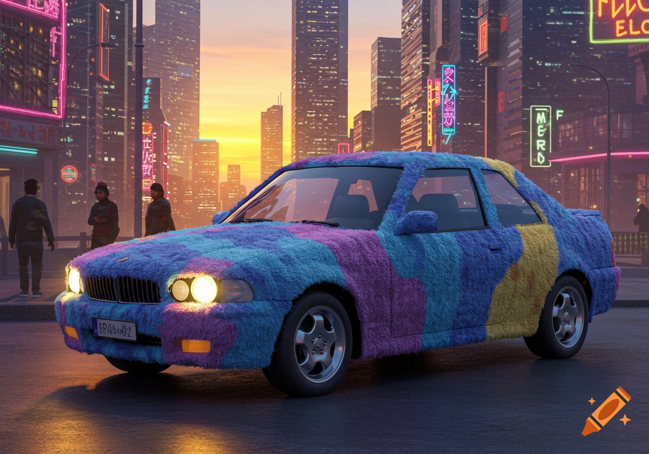 A car covered in colorful fur, in a neon-lit cyberpunk city at sunset, with people in the background.