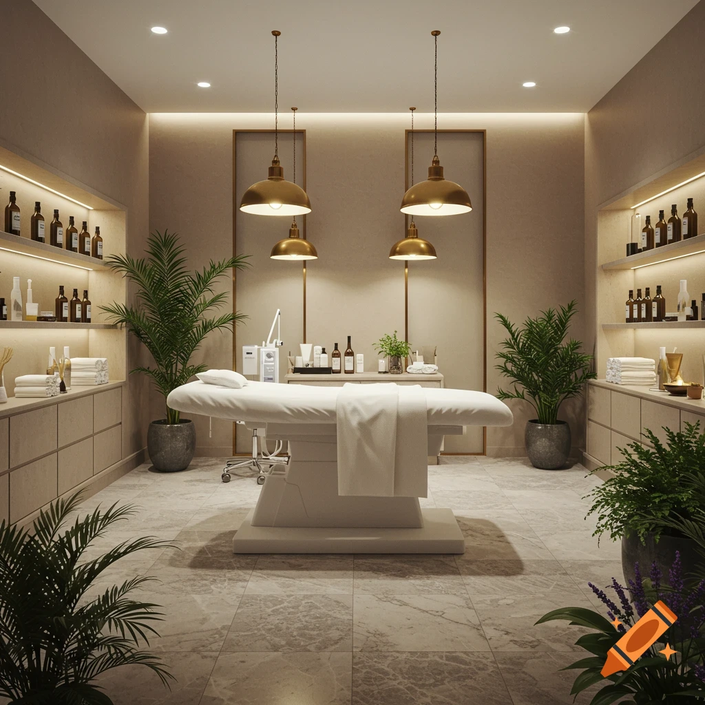 Photorealistic interior of a luxurious medspa treatment room with a white bed, shelves, plants, and brass pendant lights.