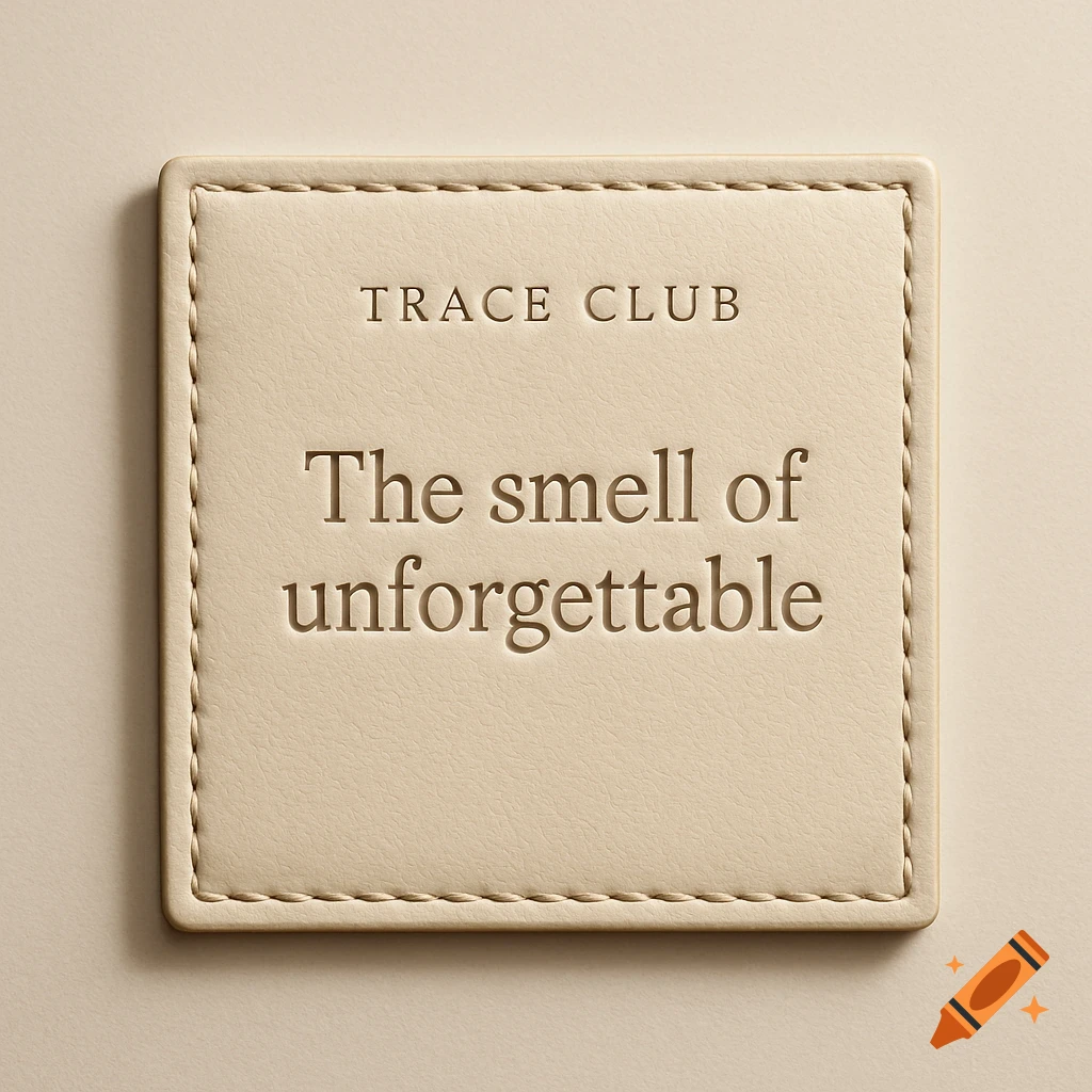 A close-up of a white vanilla-colored square leather patch with "TRACE CLUB" and "The smell of unforgettable" embossed.