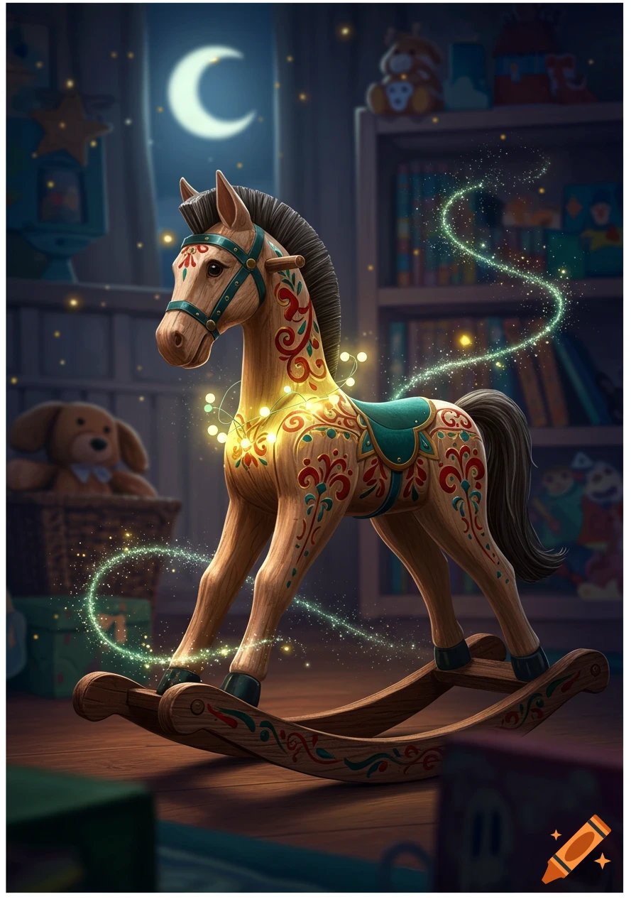 An ornate wooden rocking horse adorned with glowing fairy lights and sparkling magic trails sits in a cozy, moonlit child's room.