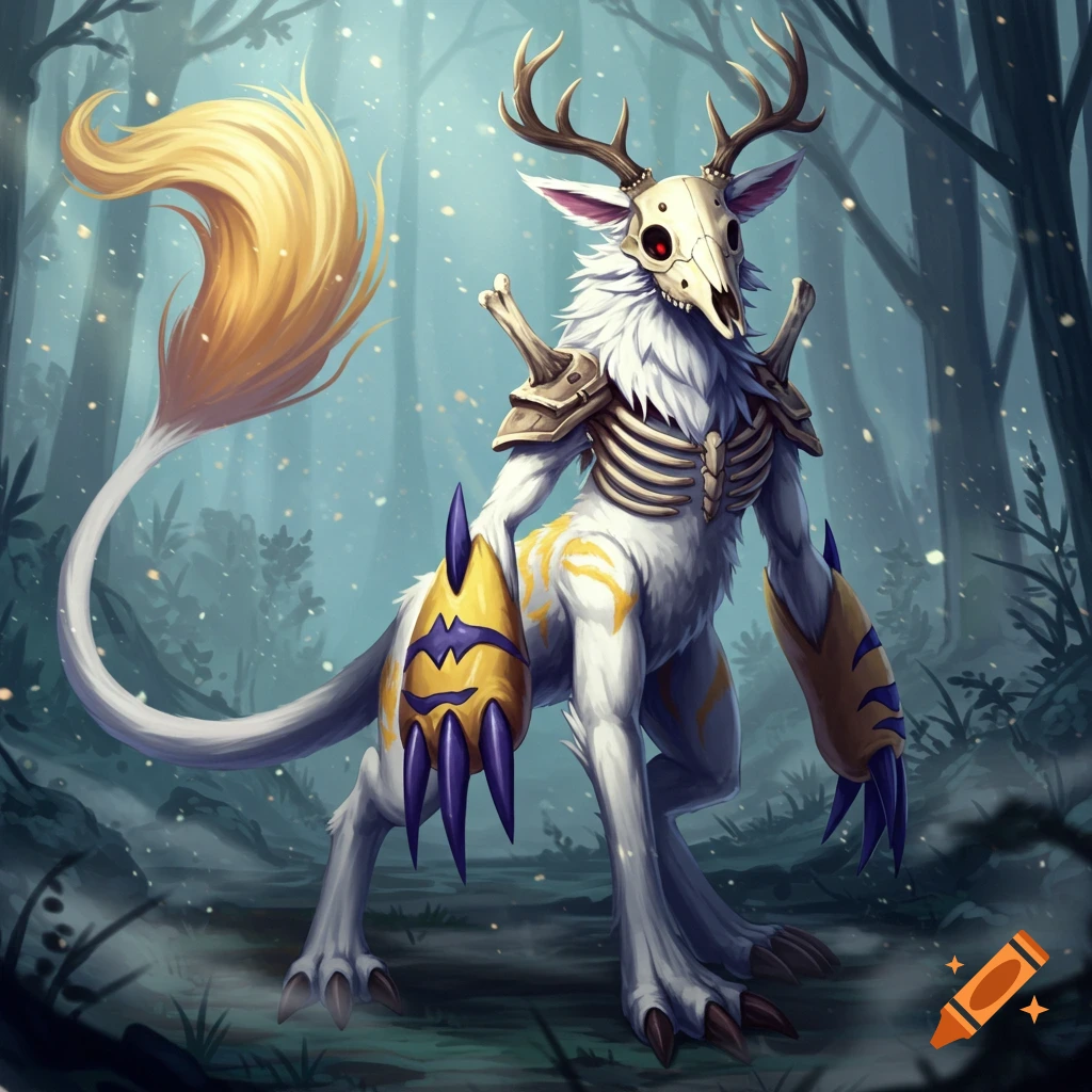 A white furry Digimon-like creature with a deer skull mask, bone armor, yellow and purple markings stands in a mystical forest.