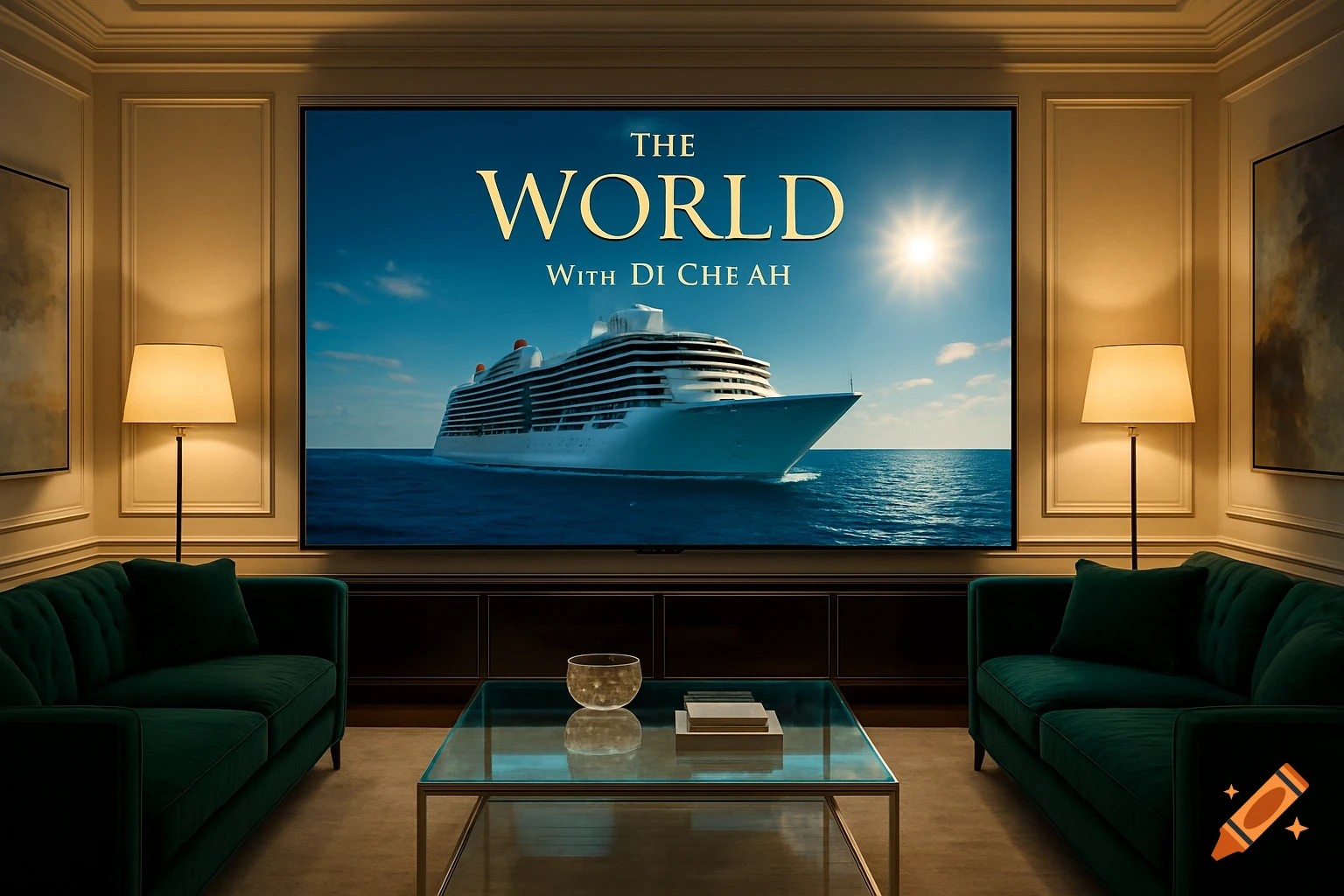A luxurious living room with emerald sofas and a large TV displaying a cruise ship and the title 'The World With Di Cheah'.
