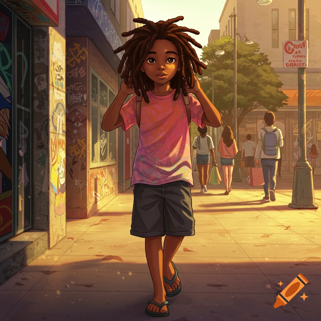 An illustrative image of a young Black boy with dreadlocks and flip-flops walking on a sunny urban sidewalk past graffiti-covered storefronts and other pedestrians.