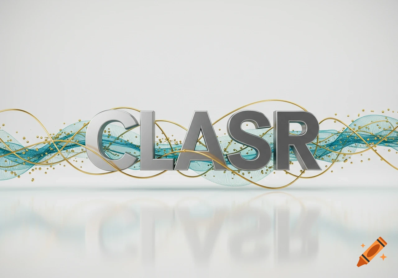 Metallic 3D word CLASR with reflective surfaces, set against a white background with wavy teal mesh and gold lines.