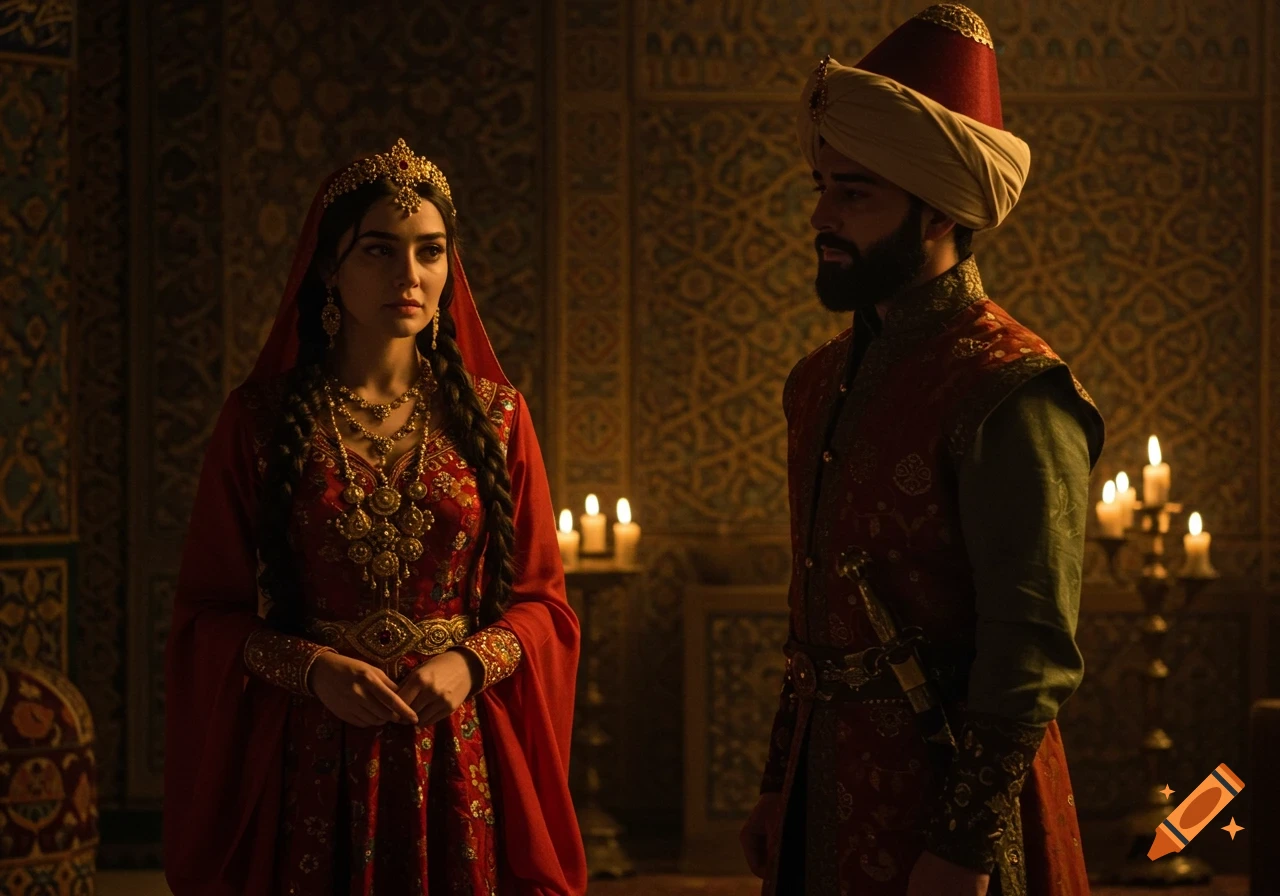 A man and woman in ornate historical Persian attire stand in a dimly lit, candlelit room with patterned walls.