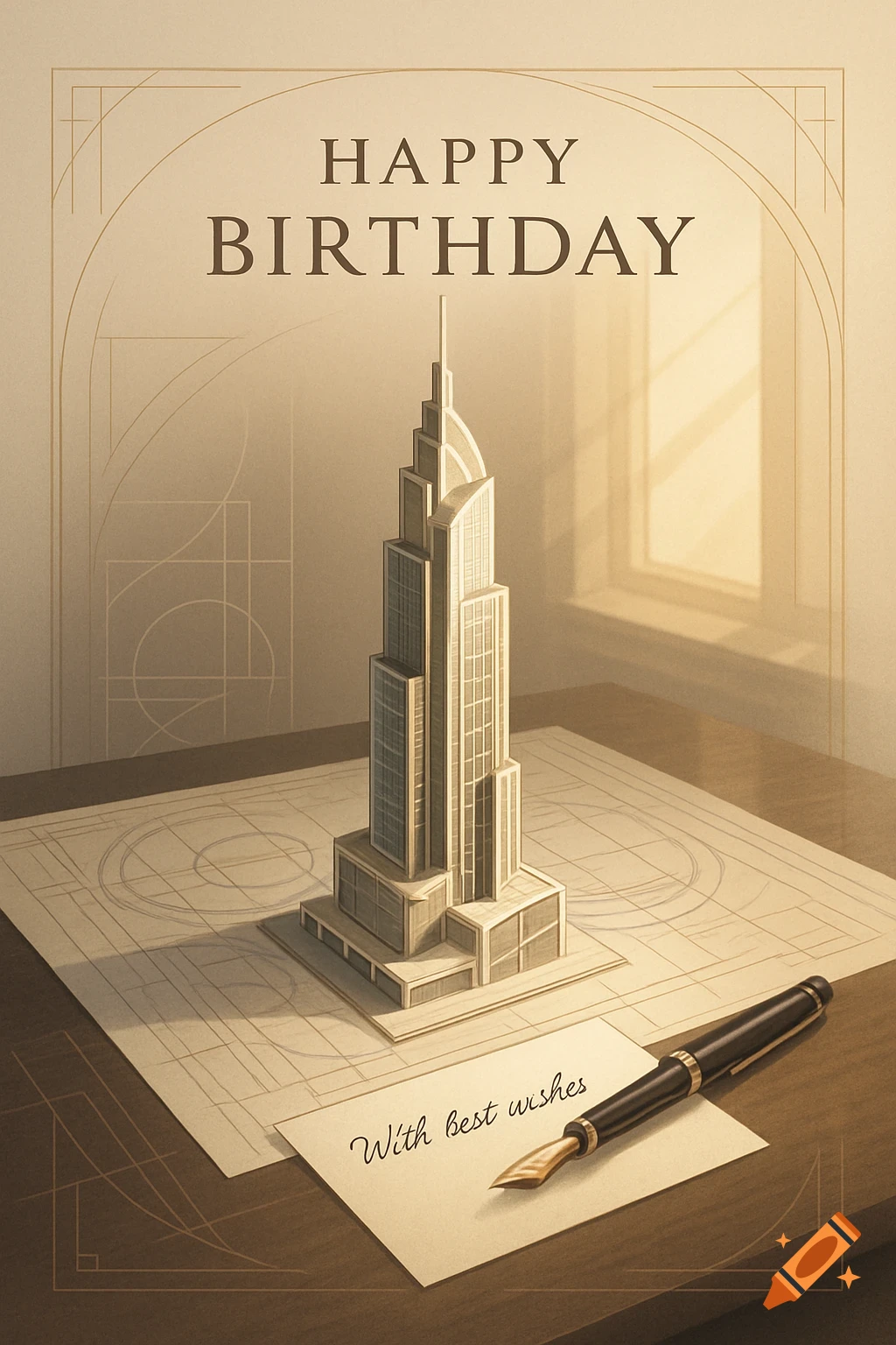 Art Deco birthday card with a skyscraper model on an architectural blueprint, a note "With best wishes" and a fountain pen.