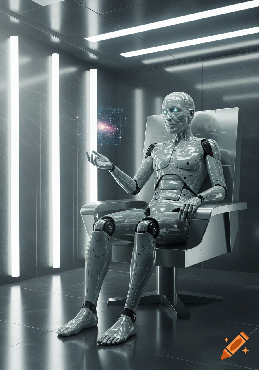 A photorealistic old humanoid robot with glowing blue eyes sits on a chair, holding a holographic galaxy projection in a futuristic room.