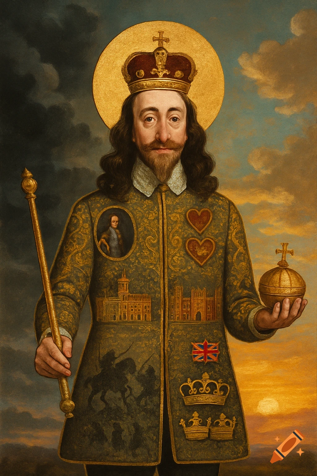 A stylized portrait of Charles I of England, adorned with symbols of his reign like castles, hearts, the Union Jack, and crowns, holding a scepter and orb, with a halo and stormy and clear skies behind him.