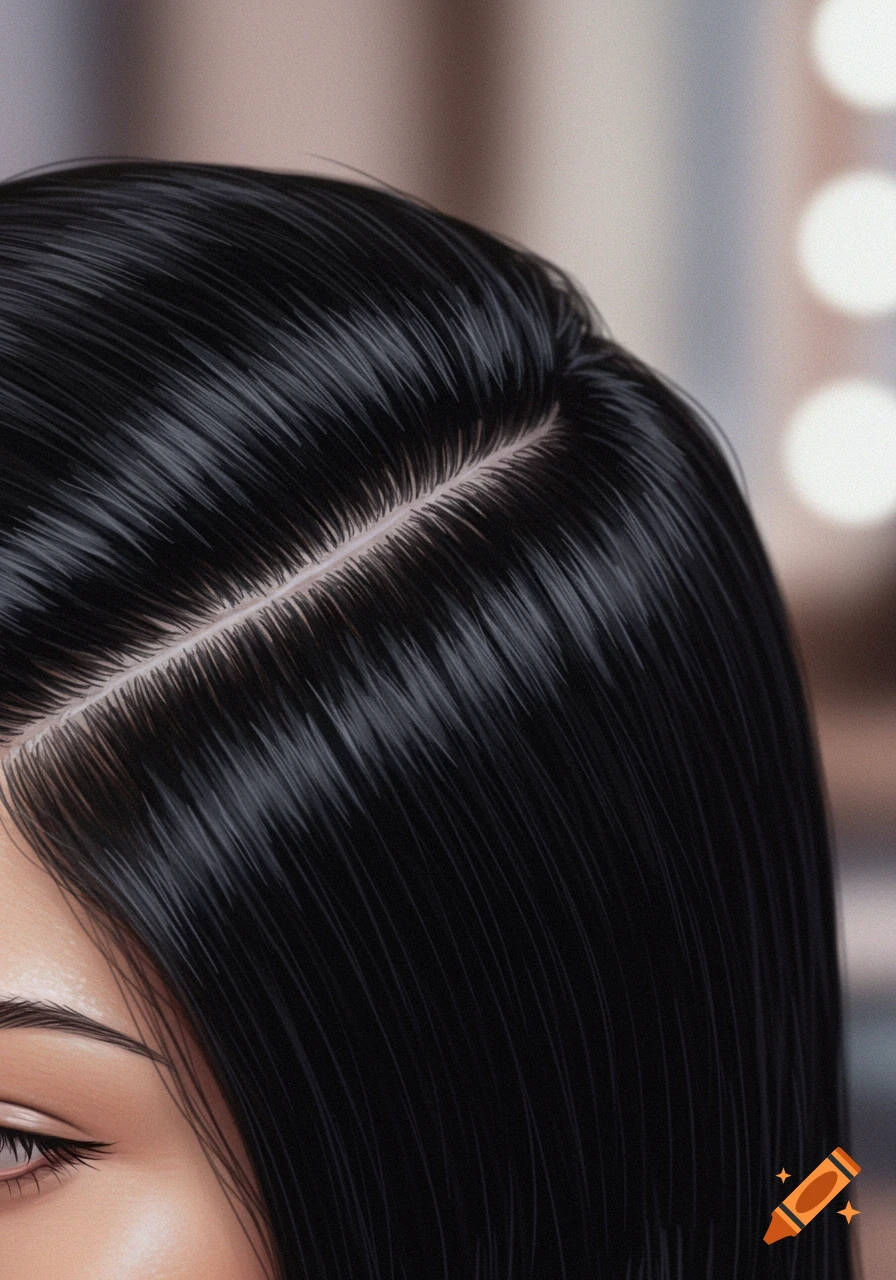 Close-up of a person's shiny black hair with a visible scalp part, revealing part of an eye and eyebrow.