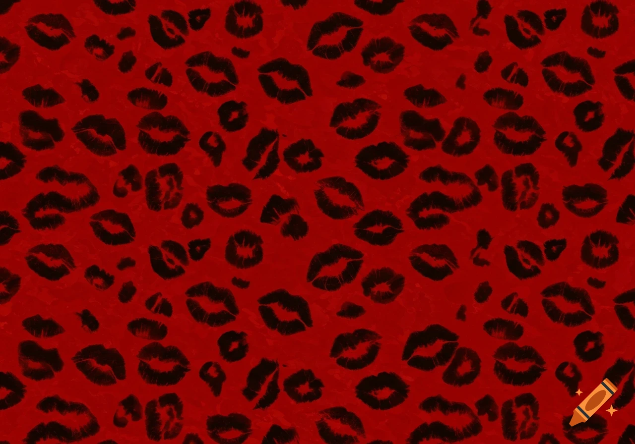 Seamless red cheetah print pattern with black kissy lip-shaped spots.