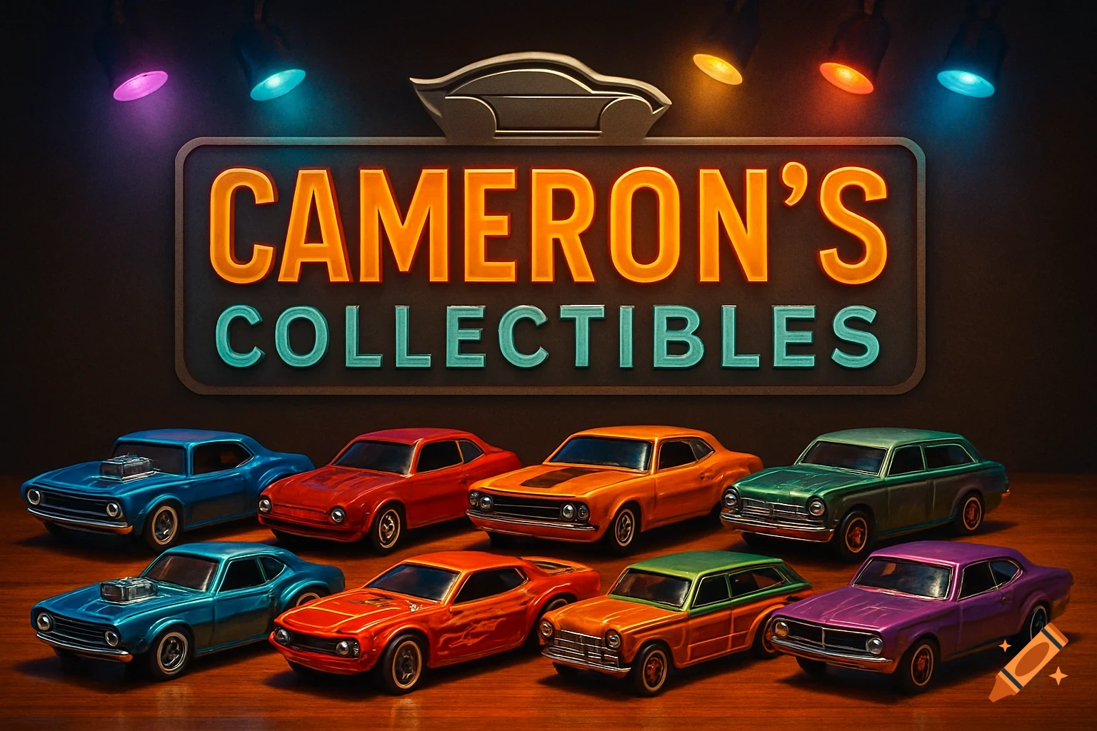 A display of colorful toy cars on a wooden surface under a neon sign that reads "CAMERON'S COLLECTIBLES" with spotlights.