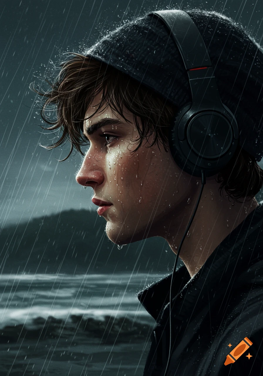 Side profile of a young man with headphones and a beanie, standing melancholically in the rain with drops on his face.