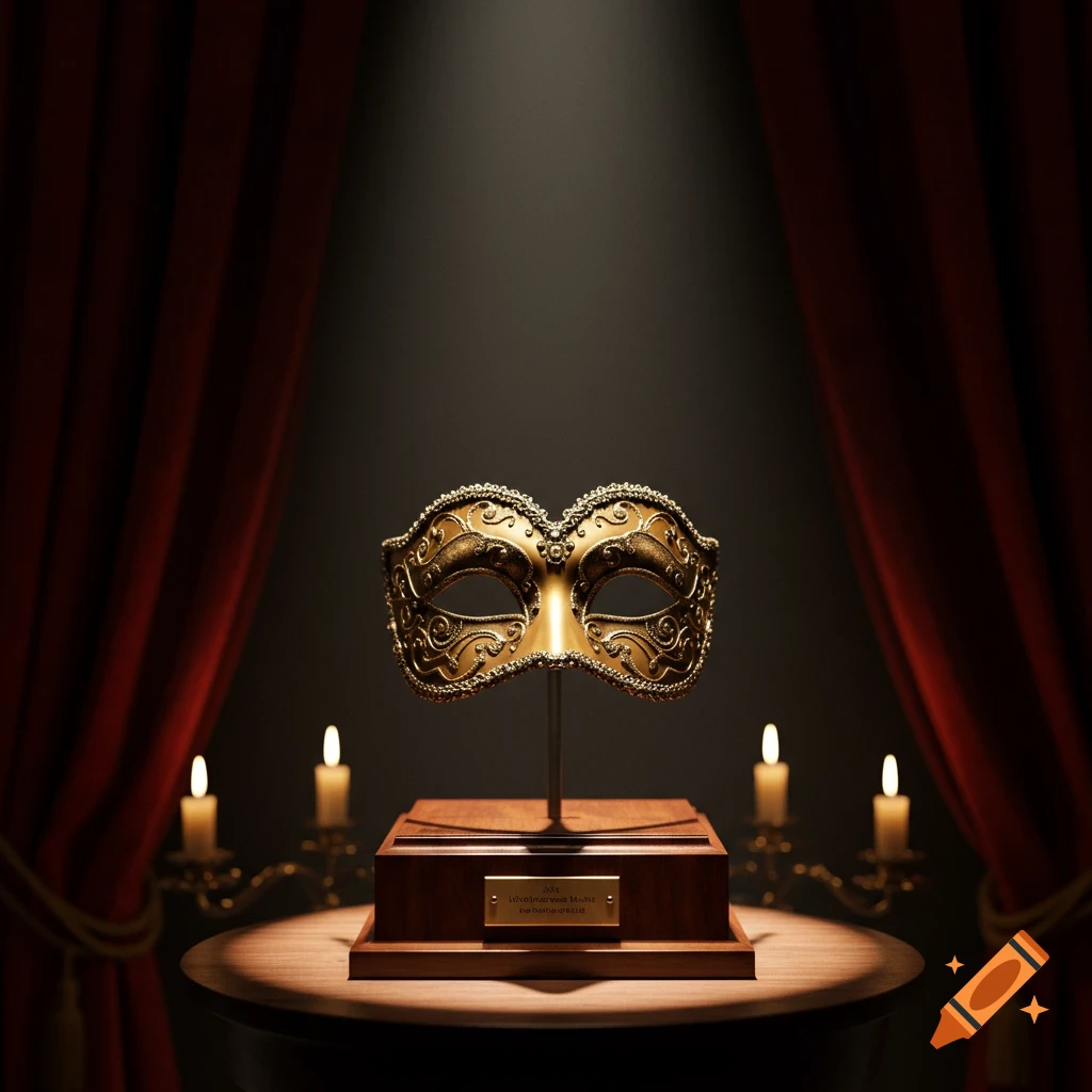 A golden ornate mask on a wooden stand, spotlighted against red velvet curtains with flickering candles.