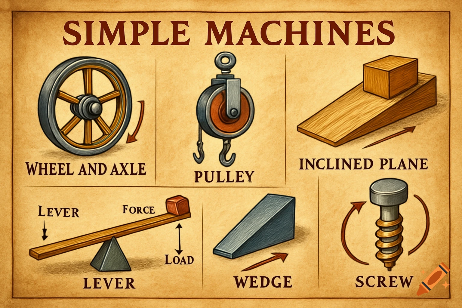 An illustrated educational chart depicting six simple machines: wheel and axle, pulley, inclined plane, lever, wedge, and screw on a parchment background.