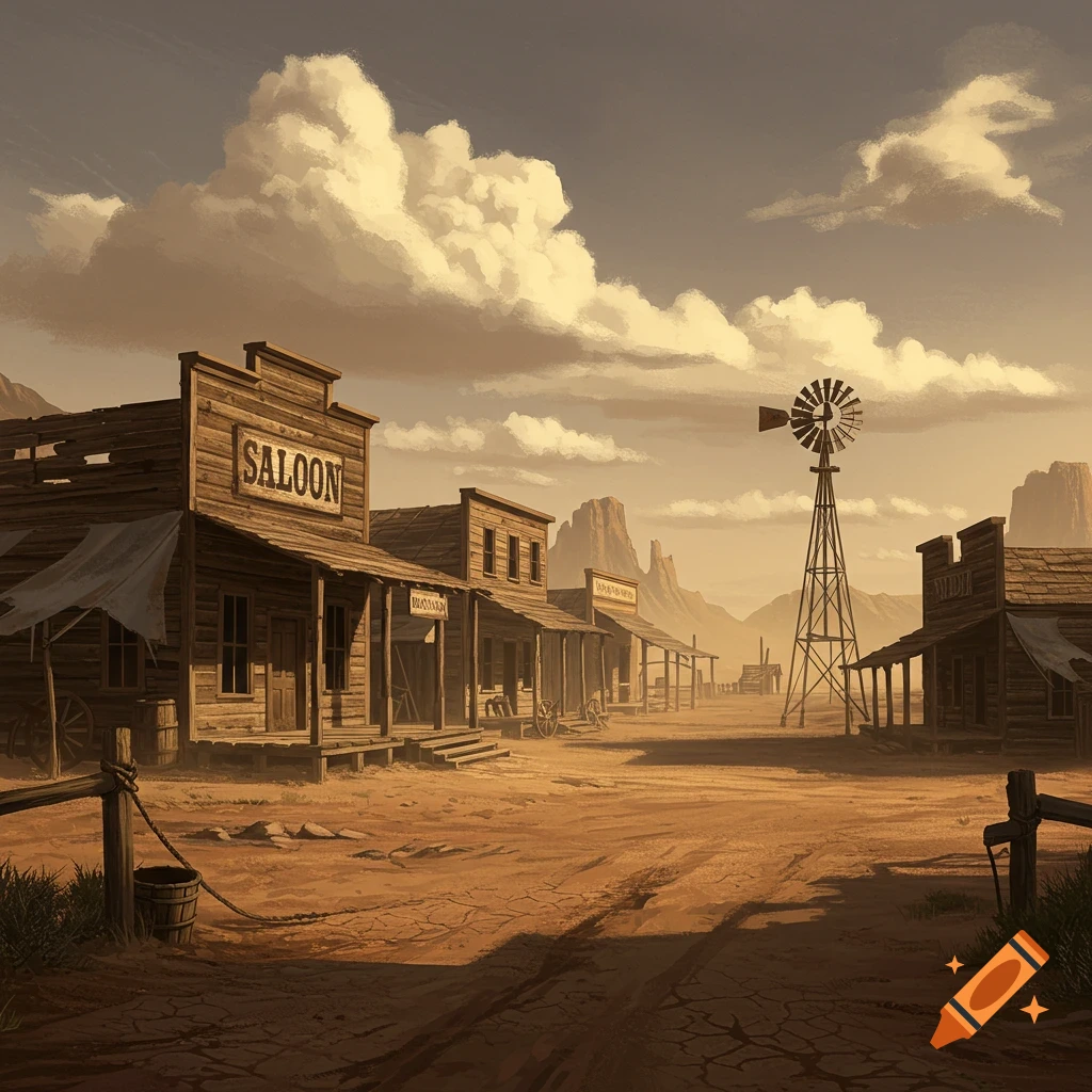 A dusty, rundown Old West town with wooden buildings, a "SALOON" sign, a windmill, and distant mountains under a cloudy sky.