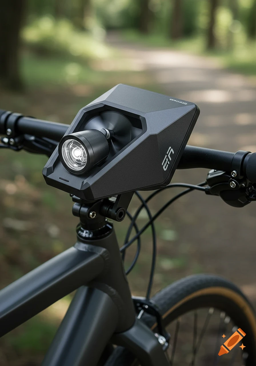 Close-up photorealistic image of a sleek black bicycle headlight and phone holder mounted on handlebars, with a forest path in the background.