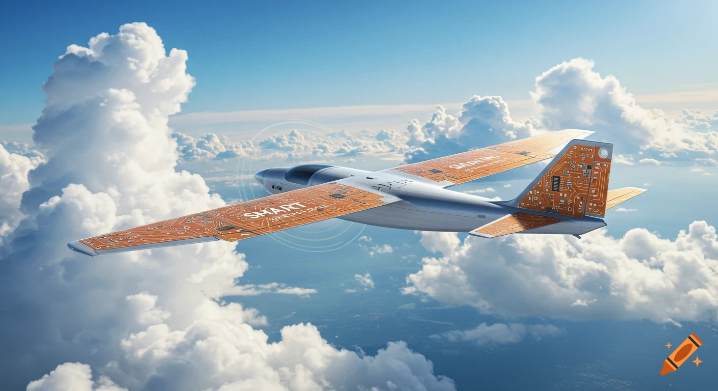 A sleek, silver fixed-wing aircraft with orange circuit board patterns on its wings and tail flies through a cloudy blue sky, viewed from the side.