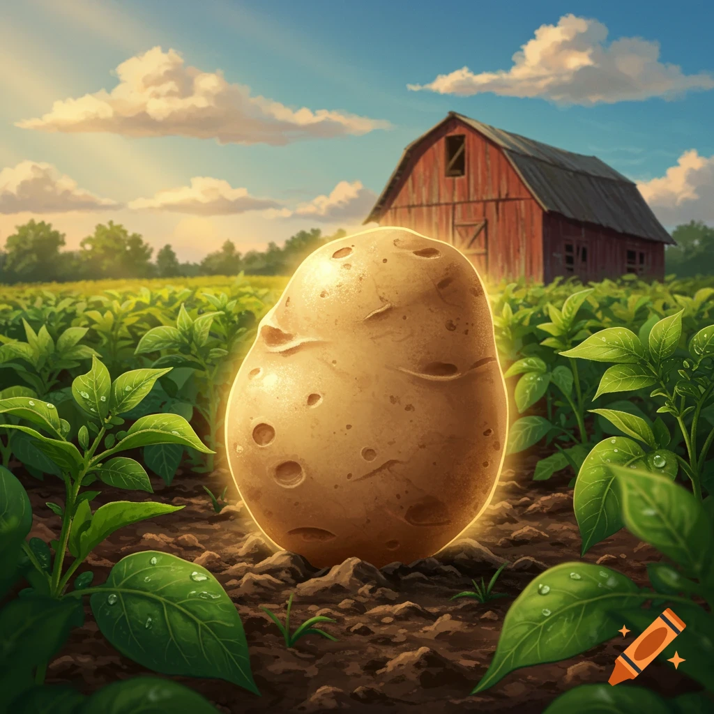 A giant, glowing potato stands prominently in a green farm field with a red barn under a sunny, cloudy sky.