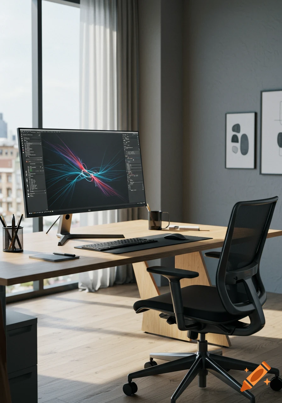 A modern office workspace with a large monitor displaying abstract art, a keyboard, mouse, and chair at a wooden desk, by a window.