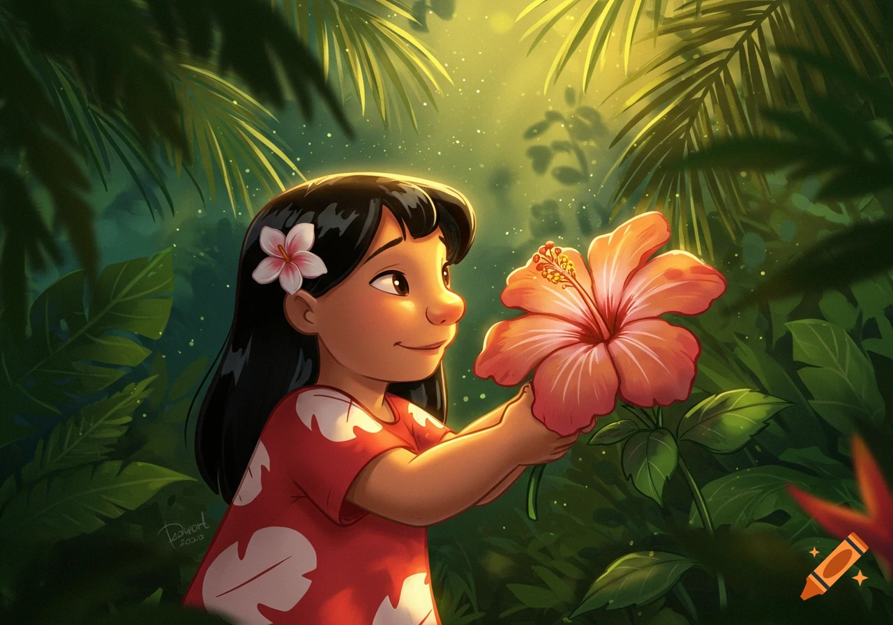 A young animated girl (Lilo) with black hair and a red dress holds a large pink hibiscus flower in a sun-dappled tropical jungle.