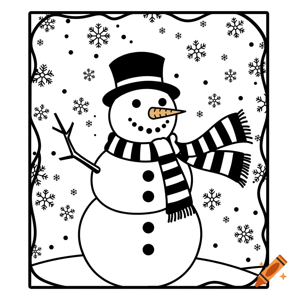 A black and white vector illustration of a friendly snowman in a top hat and striped scarf, with snowflakes falling.