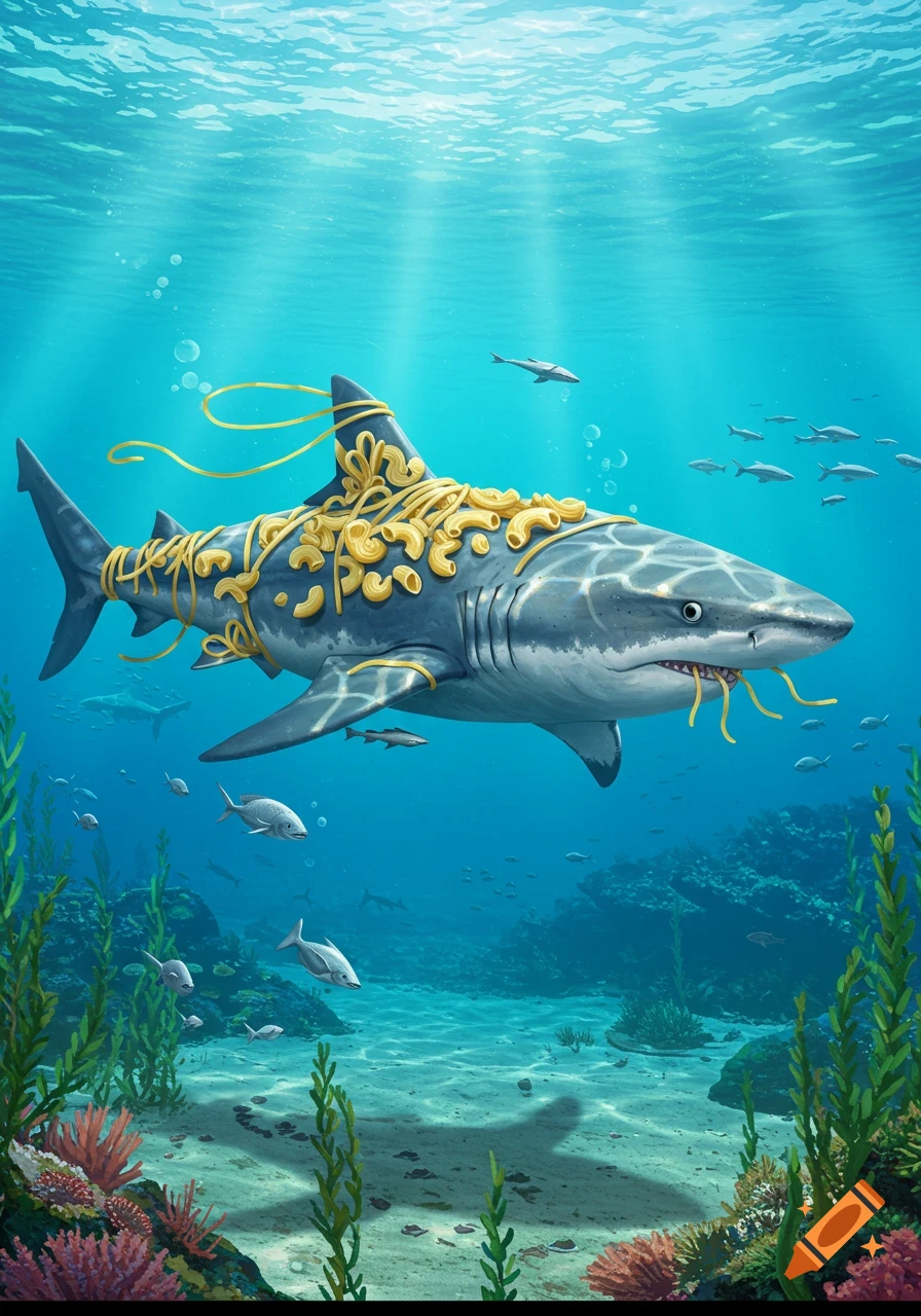 A shark swimming underwater, covered in spaghetti and macaroni, with more pasta emerging from its mouth, surrounded by smaller fish and coral.