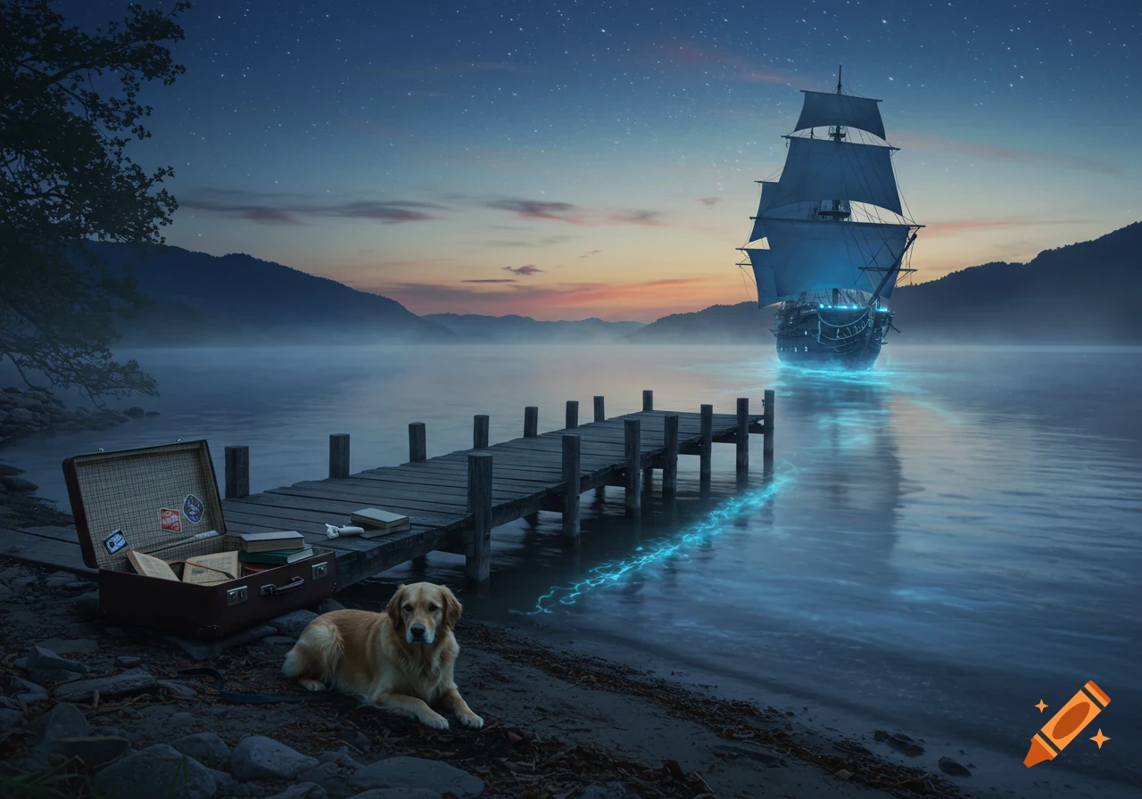 A golden retriever lies by a wooden dock with an open suitcase and books under a starry night sky, with a glowing ship on a misty lake.