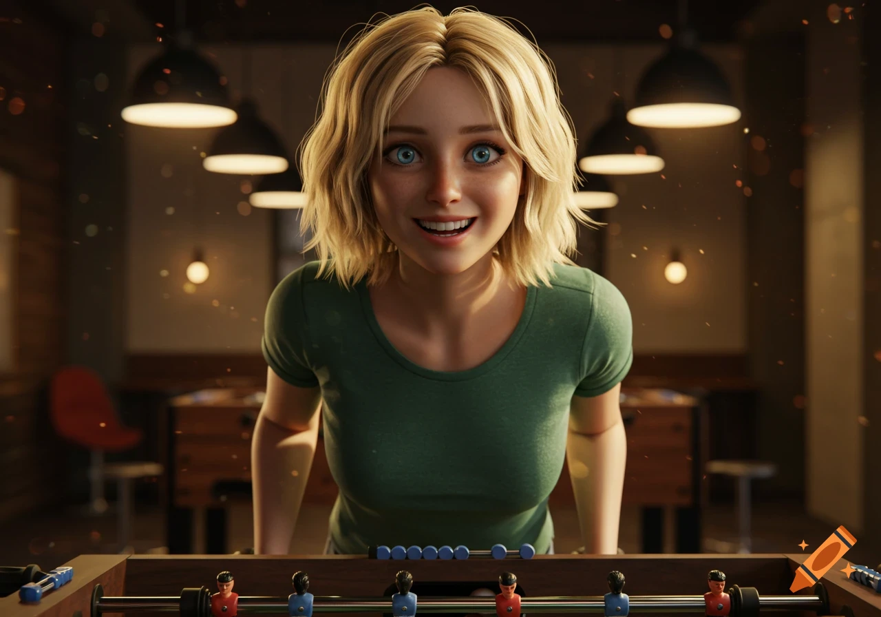 A photorealistic young blonde woman with big blue eyes smiles excitedly, leaning over a foosball table in a warmly lit room.
