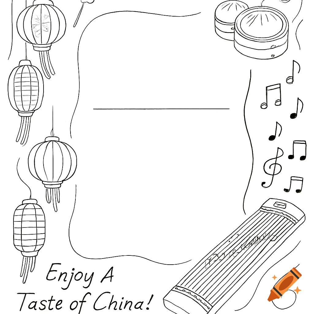 A black and white line art coloring page template featuring Chinese lanterns, steamer baskets, musical notes, a guzheng, and the text 'Enjoy A Taste of China!'.