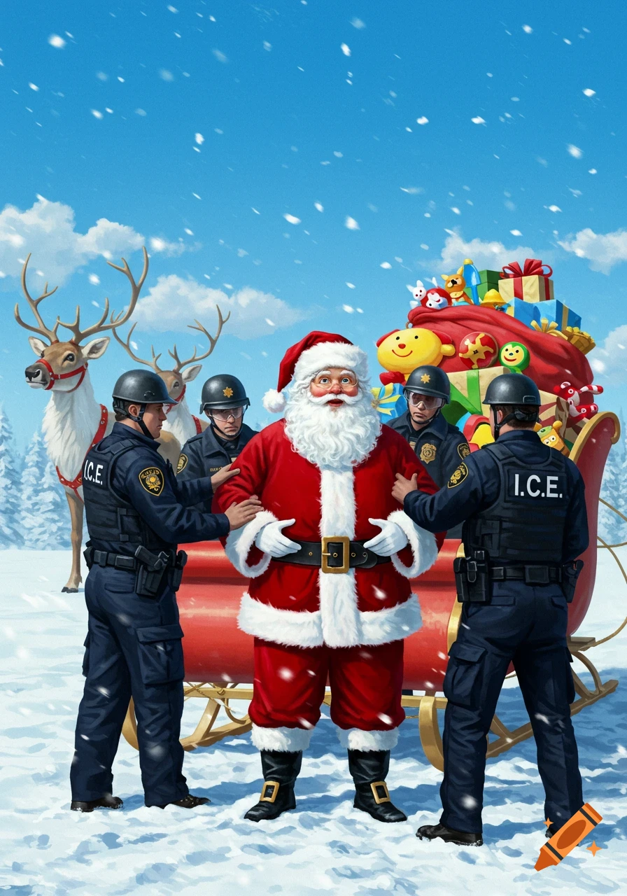 Santa Claus in his red suit being arrested by ICE officers in tactical gear, standing by his sleigh and reindeer in a snowy landscape.