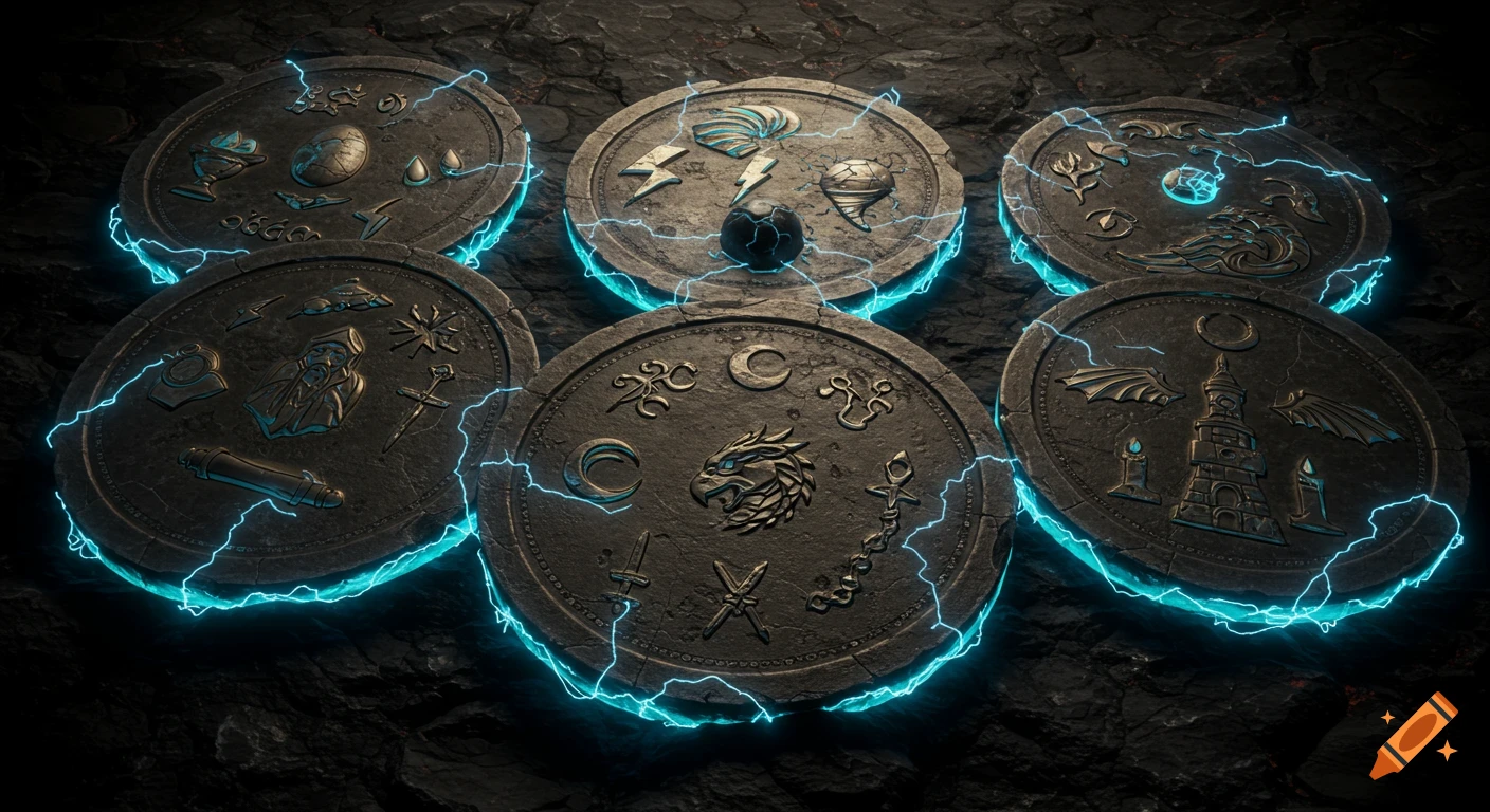 Six ancient, weathered stone discs engraved with arcane and draconic symbols, emitting a glowing electric blue aura and lightning, on a dark rocky surface. Photorealistic render.