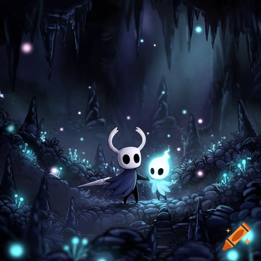 Hollow Knight and a blue glowing shade holding hands in a dark, glowing cave with stalactites and luminescent plants.