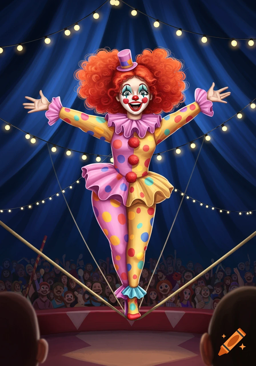 A cheerful, colorful clown girl with red curly hair balances on a tightrope, arms outstretched, inside a vibrant circus tent.