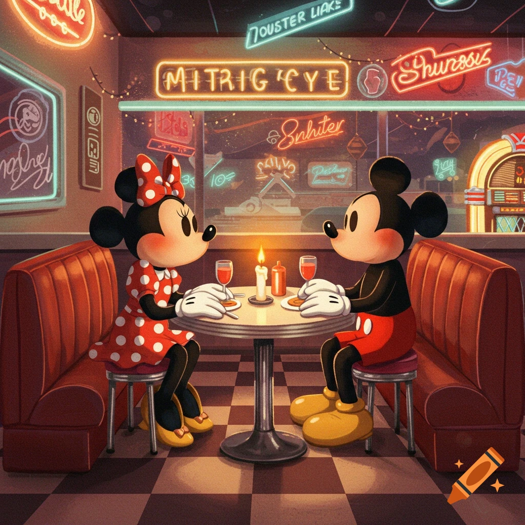 Mickey and Minnie Mouse have a candlelit dinner in a retro diner with neon signs.
