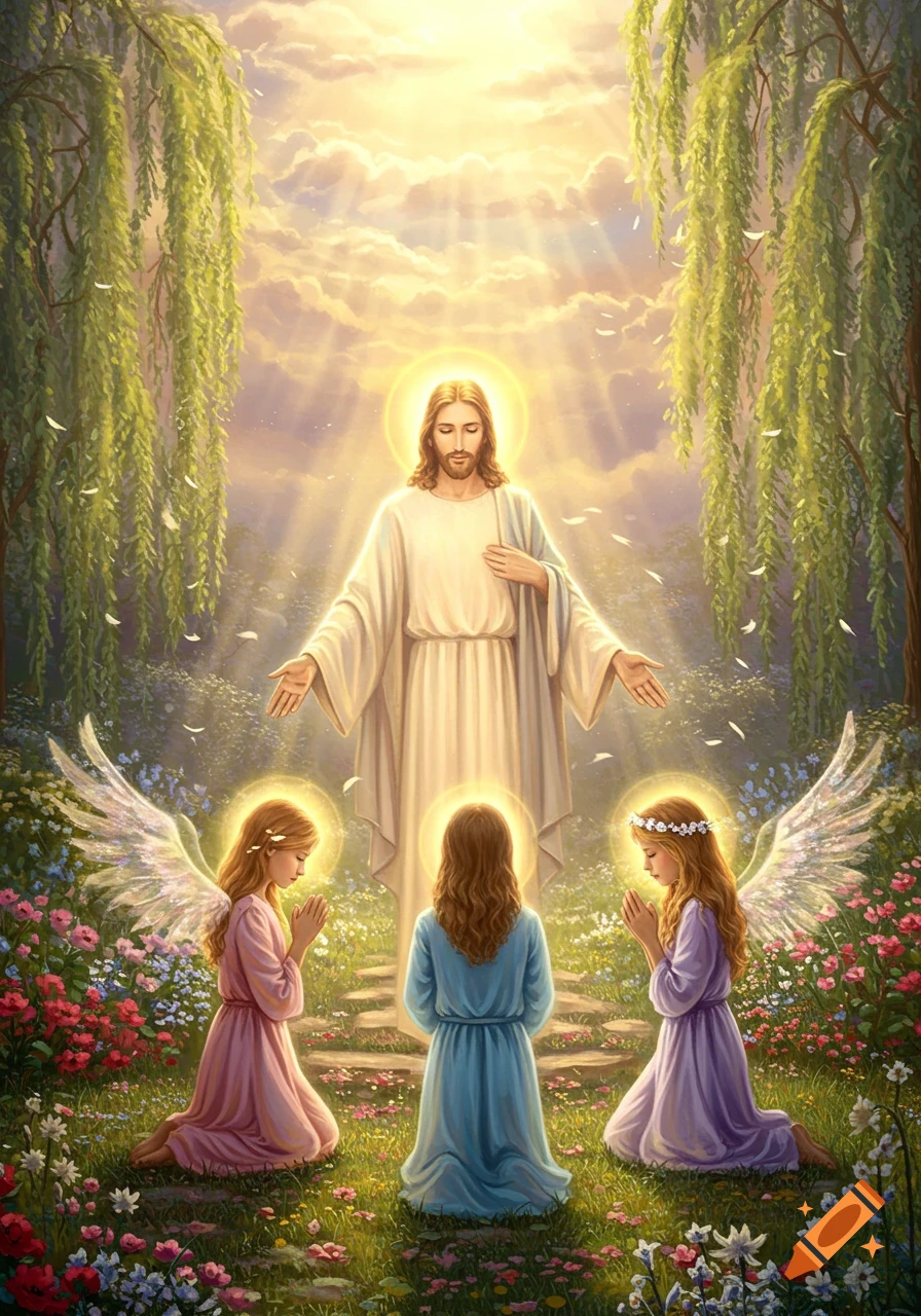 Jesus, with outstretched arms and a halo, stands above three praying girls with wings in a vibrant flower garden with willow trees.