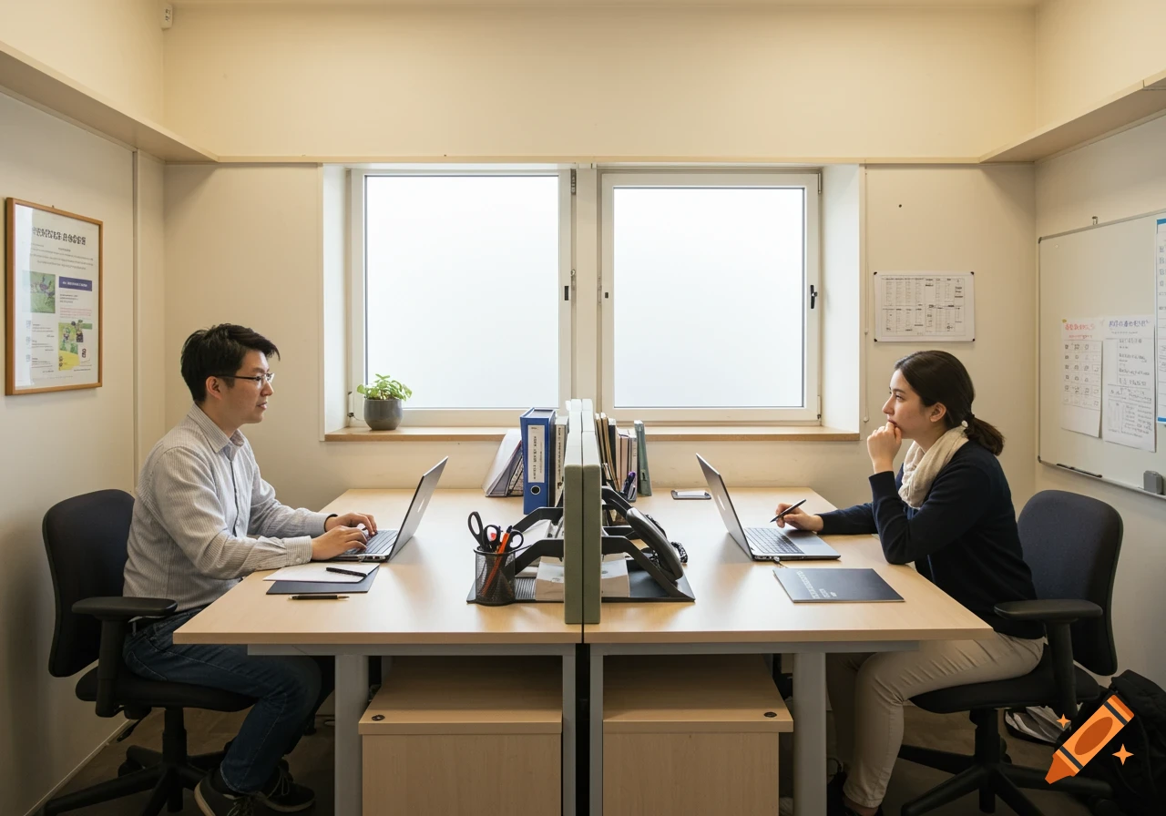 Two people, a man and a woman, work on laptops at a shared desk in a small, modern office with windows.