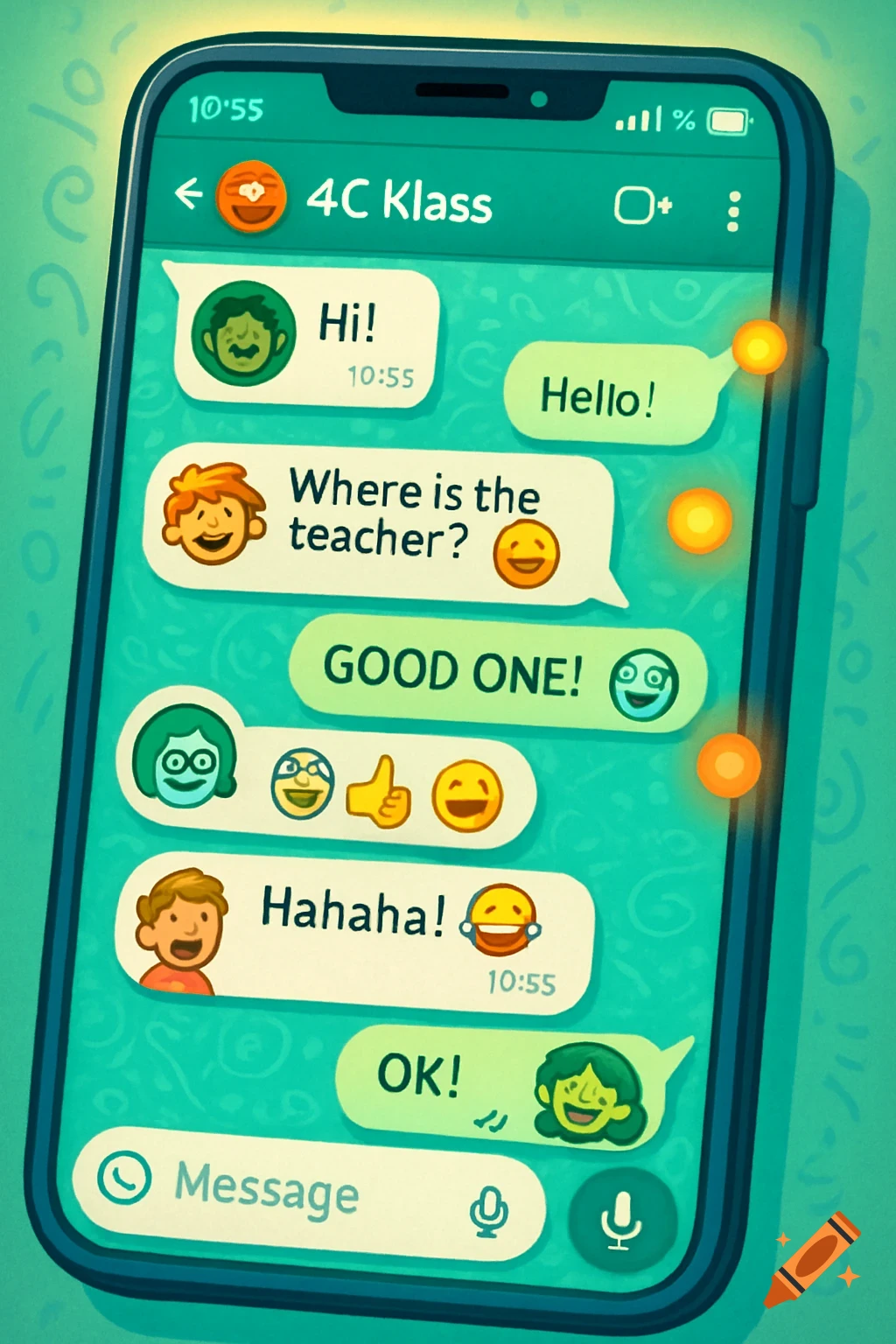 An illustrated smartphone screen showing a '4C Klass' chat with messages, cartoon avatars, and emojis.