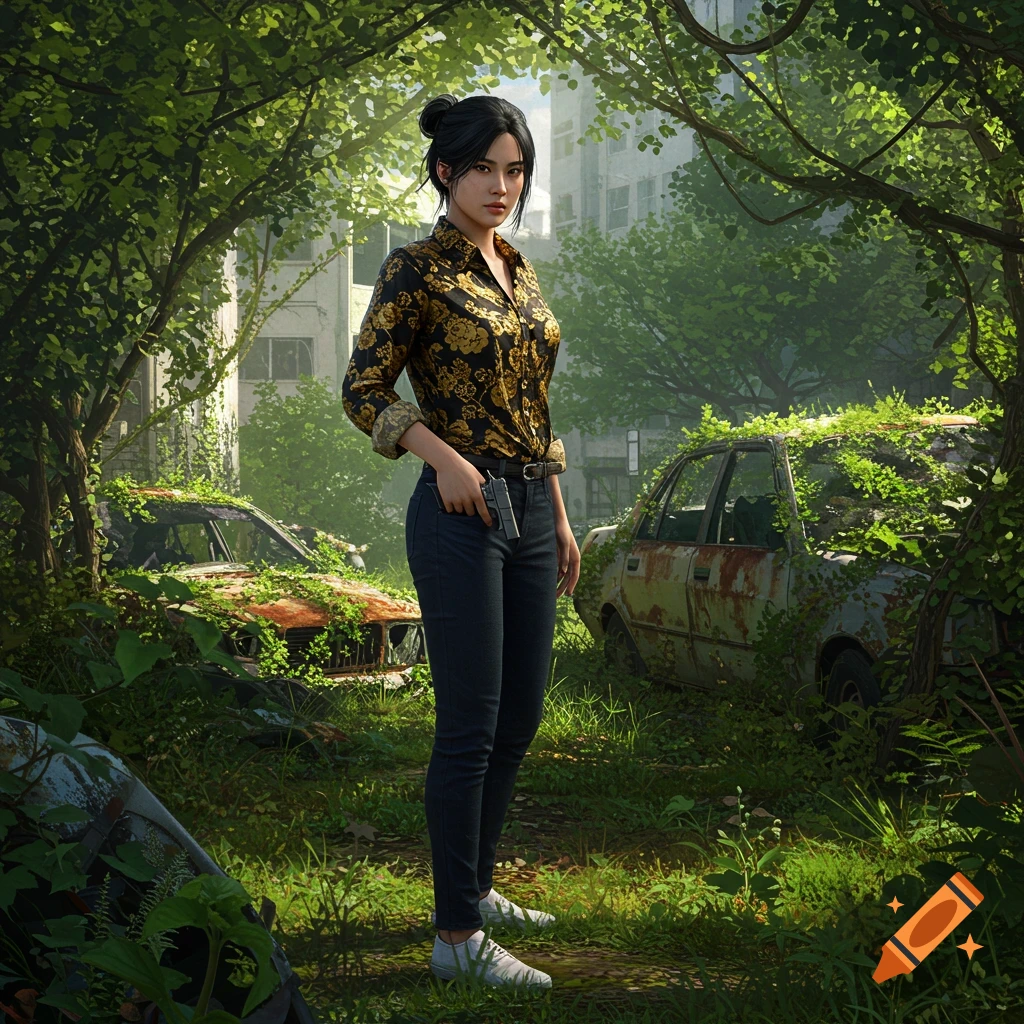 A photorealistic image of a Korean woman in a floral shirt and jeans, with a pistol in her pocket, standing in an overgrown, post-apocalyptic city with abandoned cars.
